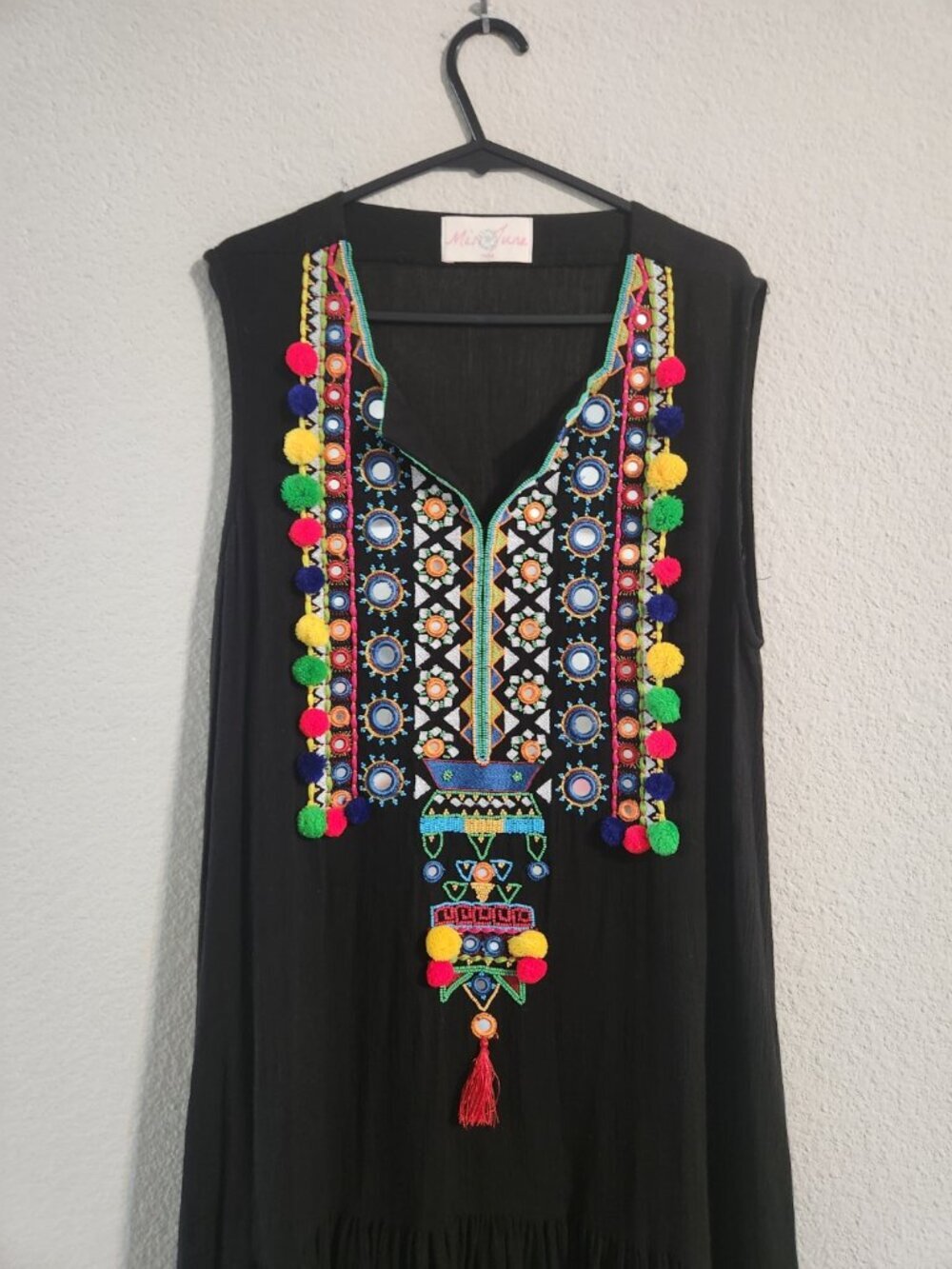 Miss June Paris Sleeveless Embroidered Tassel Mirror Detail Dress Black